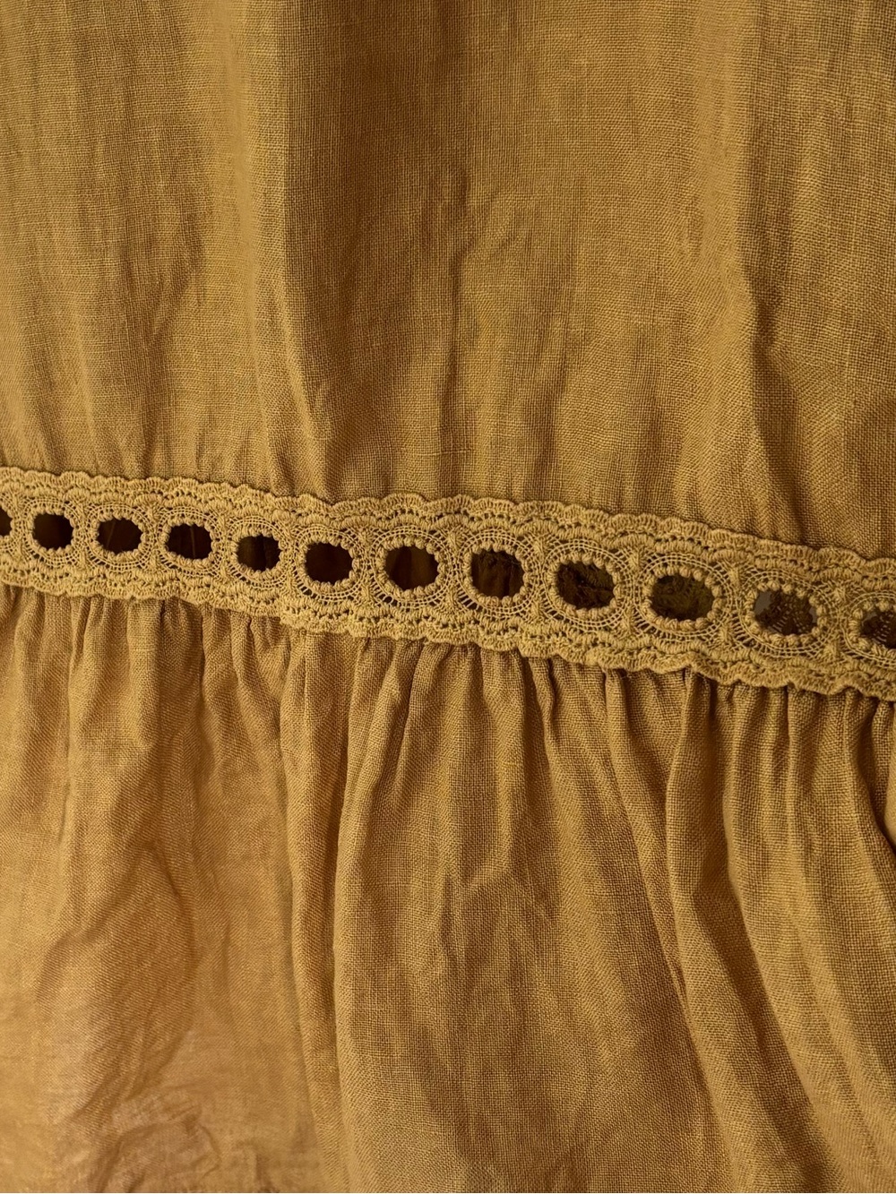 Meo Meli Italian Linen Dress M/L Camel Button Front Eyelet Trim Lagenlook Boho - Picture 7 of 10